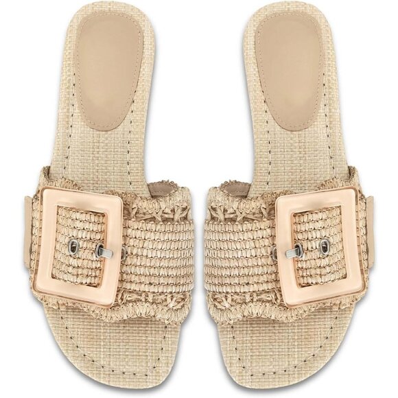 Women\'s Natural Buckle Straw Flats Woven Braided Rattan Slides Summer Sandals